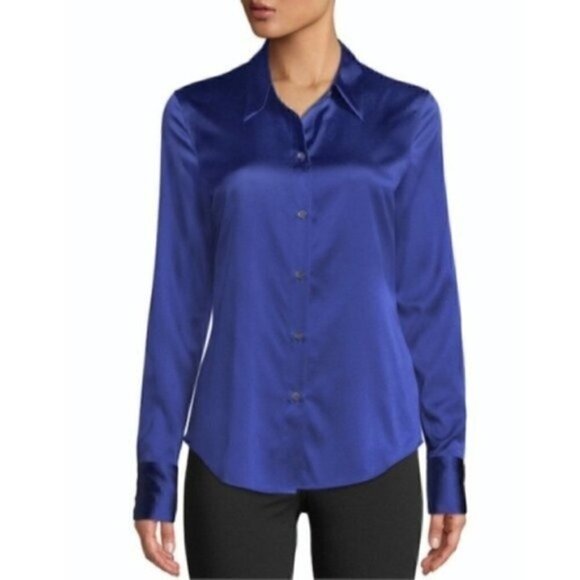 Canyon River Blues Blouse 7-9 Juniors Satin Indigo Blue Ruched Sides 90s Vintage - Picture 4 of 12